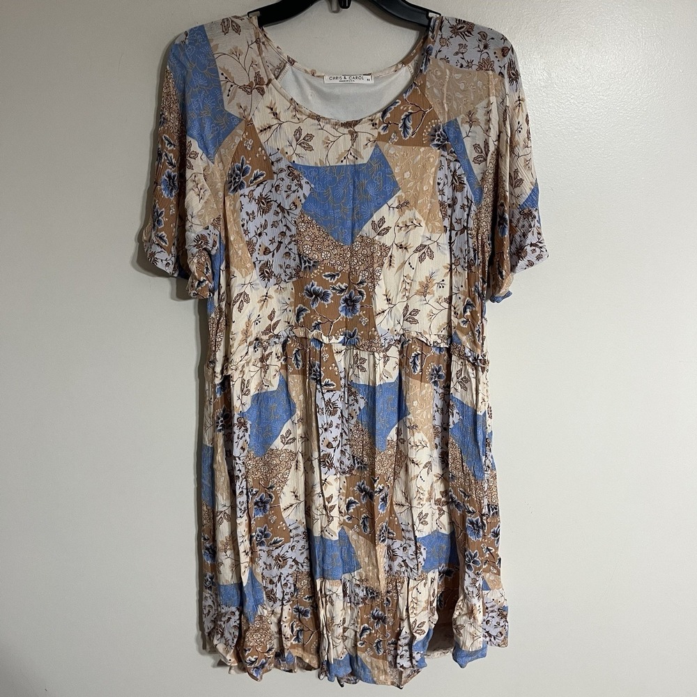 Chris & Carol‎ Patchwork Babydoll Dress Short Sleeve Floral Patterns Size Medium